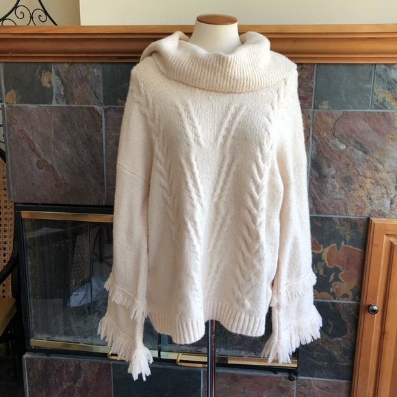 Wide Fringe Sleeve Cable Knit Sweater Large Cream - Picture 1 of 6